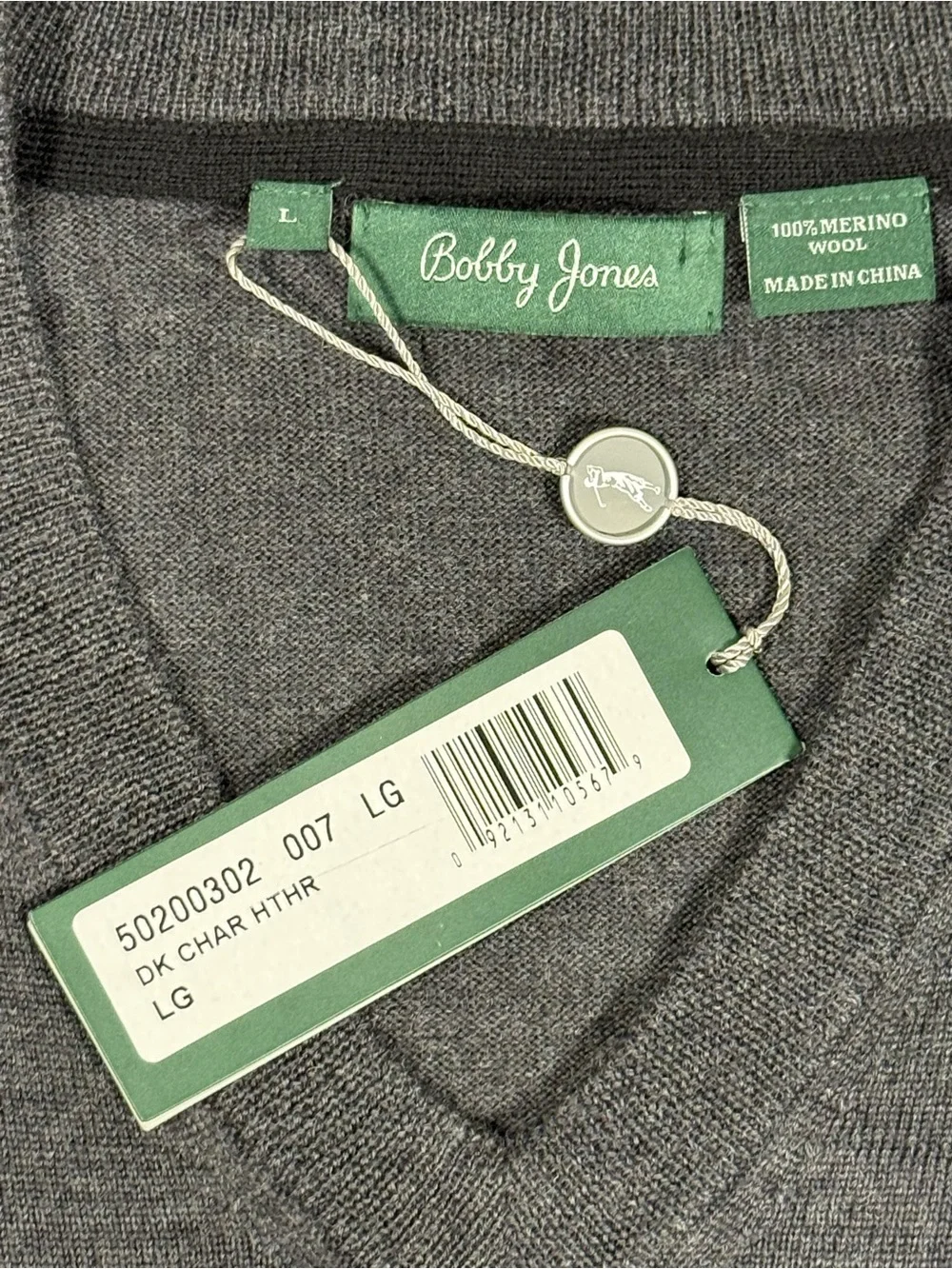 Bobby Jones Merino Wool Sweater Sz Large Charcoal V Neck Golf Preppy Luxury NWT